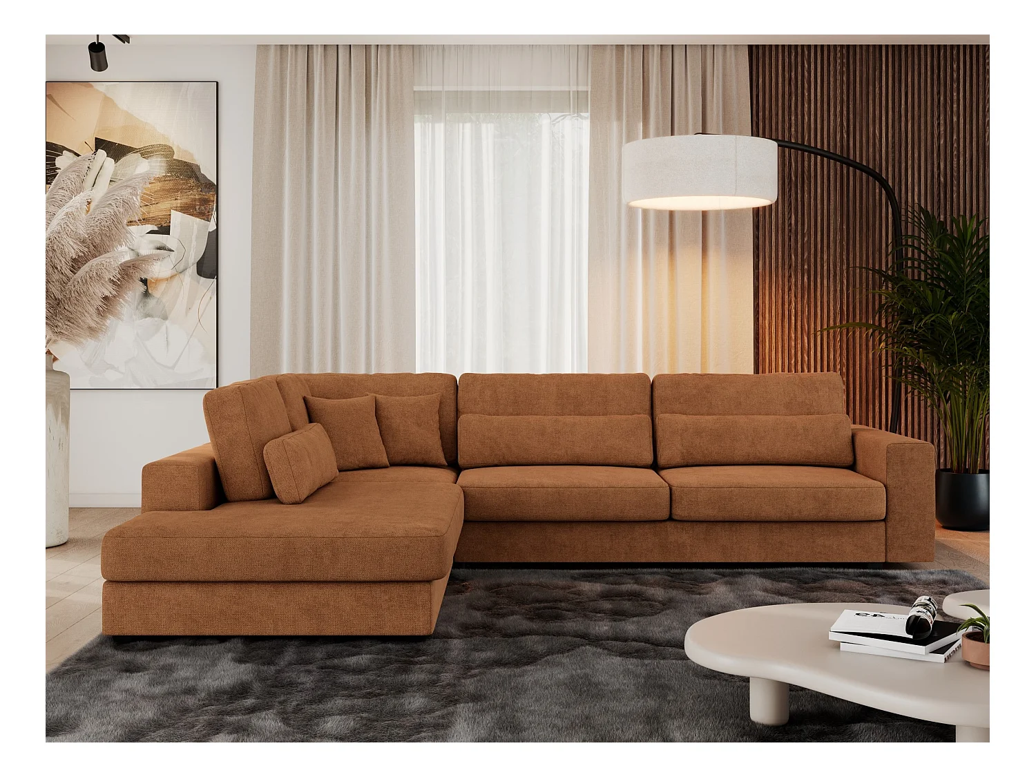 Ecksofa SAVONA - mit Armlehnen, lose Kissen, große L-förmige Ecke, Wohnlandschaft - Orange Strukture - Ecke Links