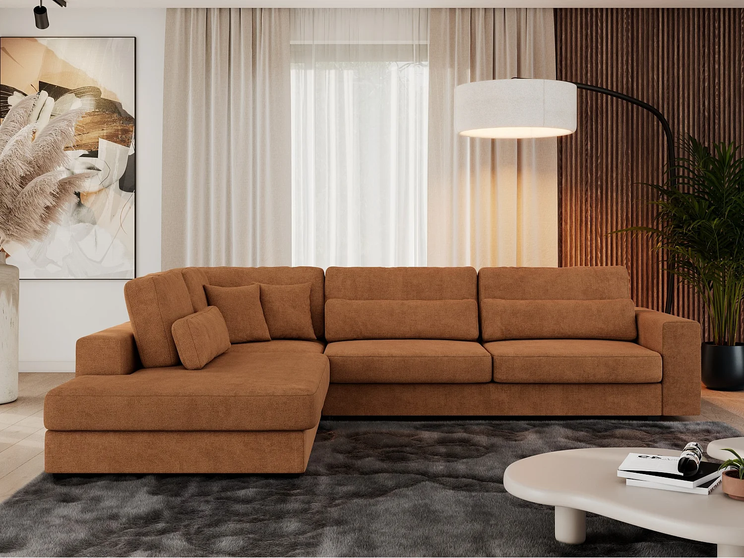 Ecksofa SAVONA - mit Armlehnen, lose Kissen, große L-förmige Ecke, Wohnlandschaft - Orange Strukture - Ecke Links