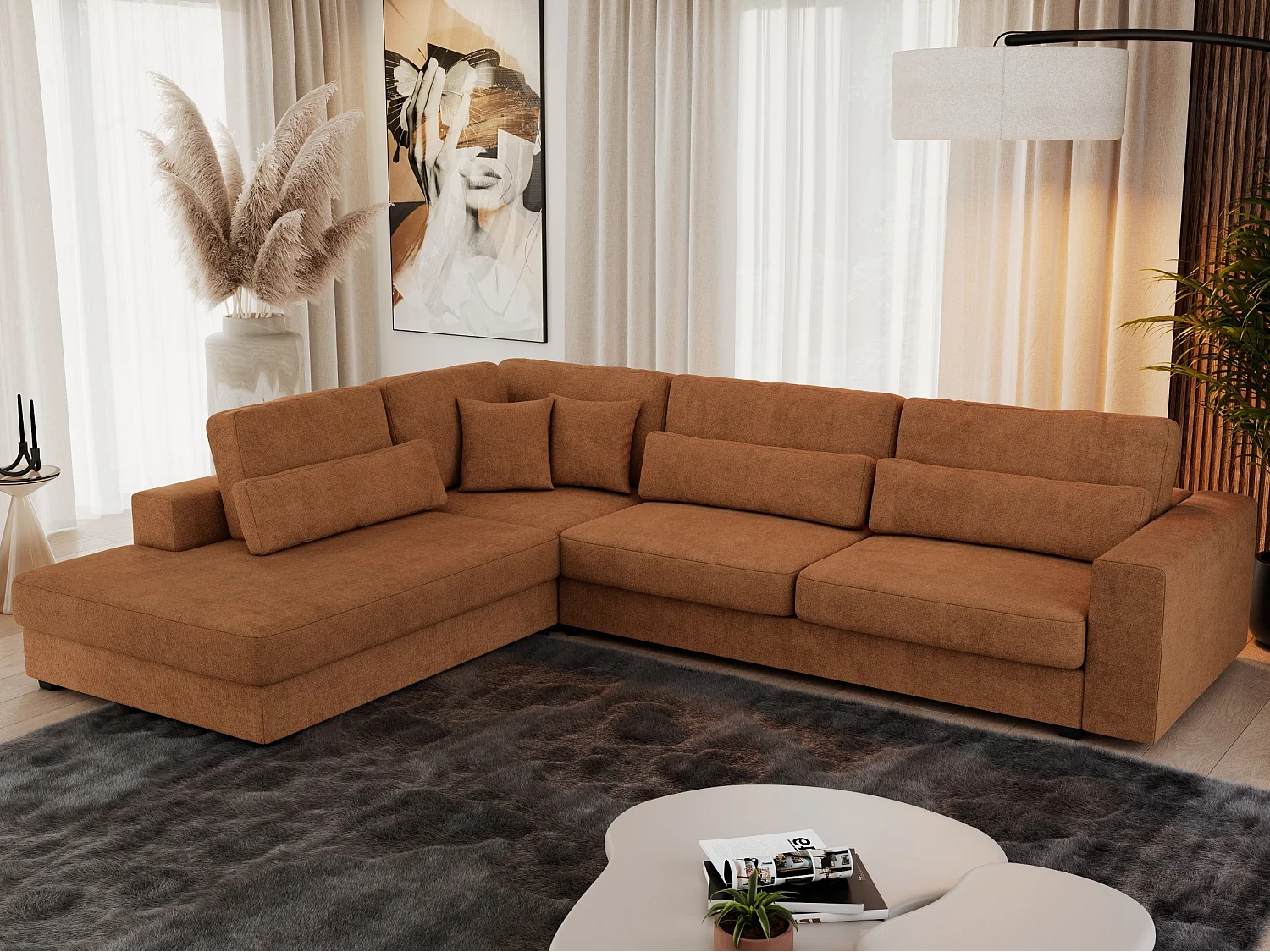 Ecksofa SAVONA - mit Armlehnen, lose Kissen, große L-förmige Ecke, Wohnlandschaft - Orange Strukture - Ecke Links