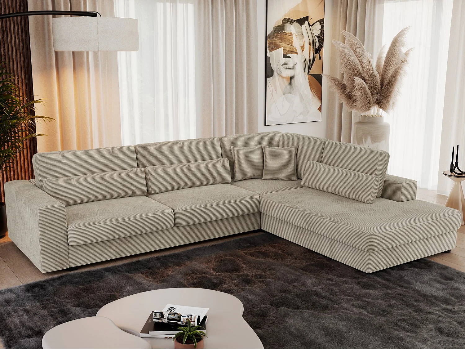 Ecksofa SAVONA - mit Armlehnen, lose Kissen, große L-förmige Ecke, Wohnlandschaft - Hellgrau Cord - Ecke Rechts