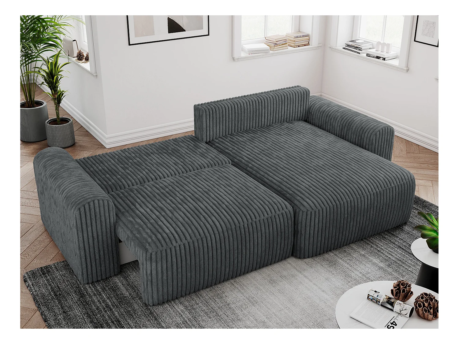 Ecksofa NELSON - Schlafcouch mit Armlehnen und Bettkasten, universelles L-förmige Ecksofa - Dunkelgrau Cord