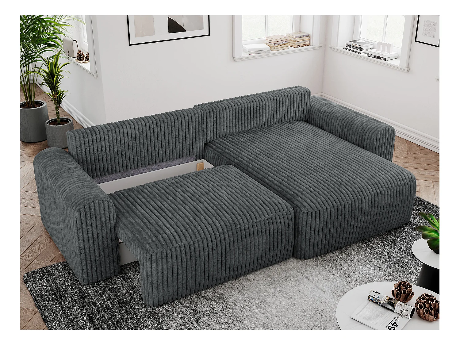 Ecksofa NELSON - Schlafcouch mit Armlehnen und Bettkasten, universelles L-förmige Ecksofa - Dunkelgrau Cord