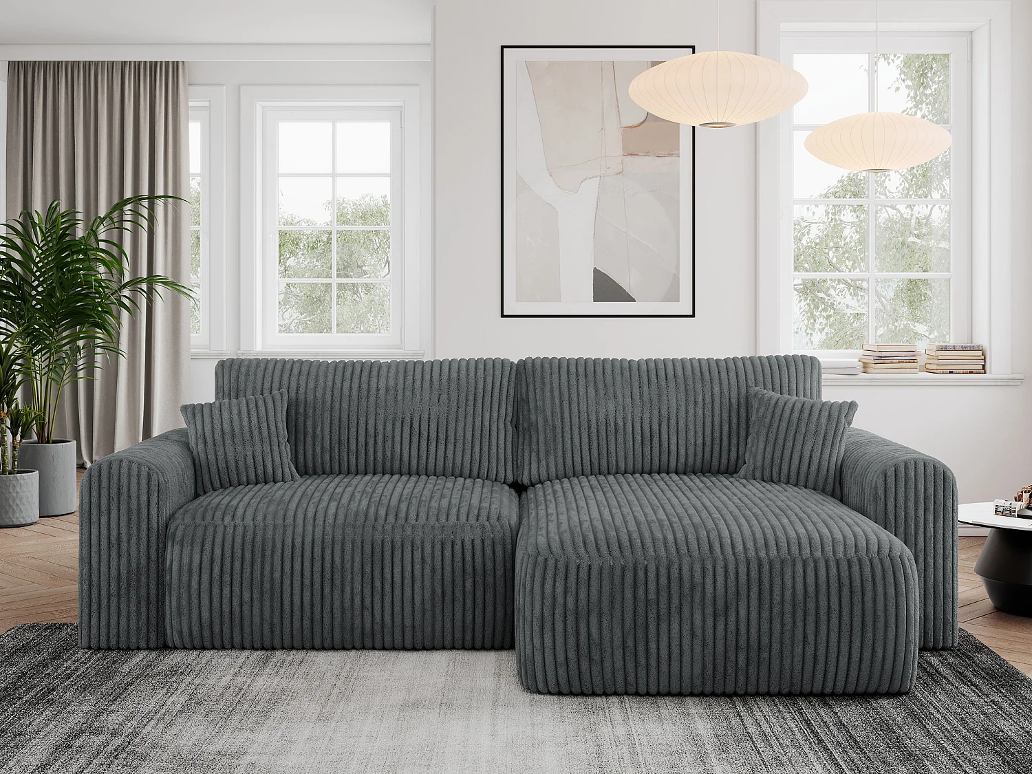 Ecksofa NELSON - Schlafcouch mit Armlehnen und Bettkasten, universelles L-förmige Ecksofa - Dunkelgrau Cord