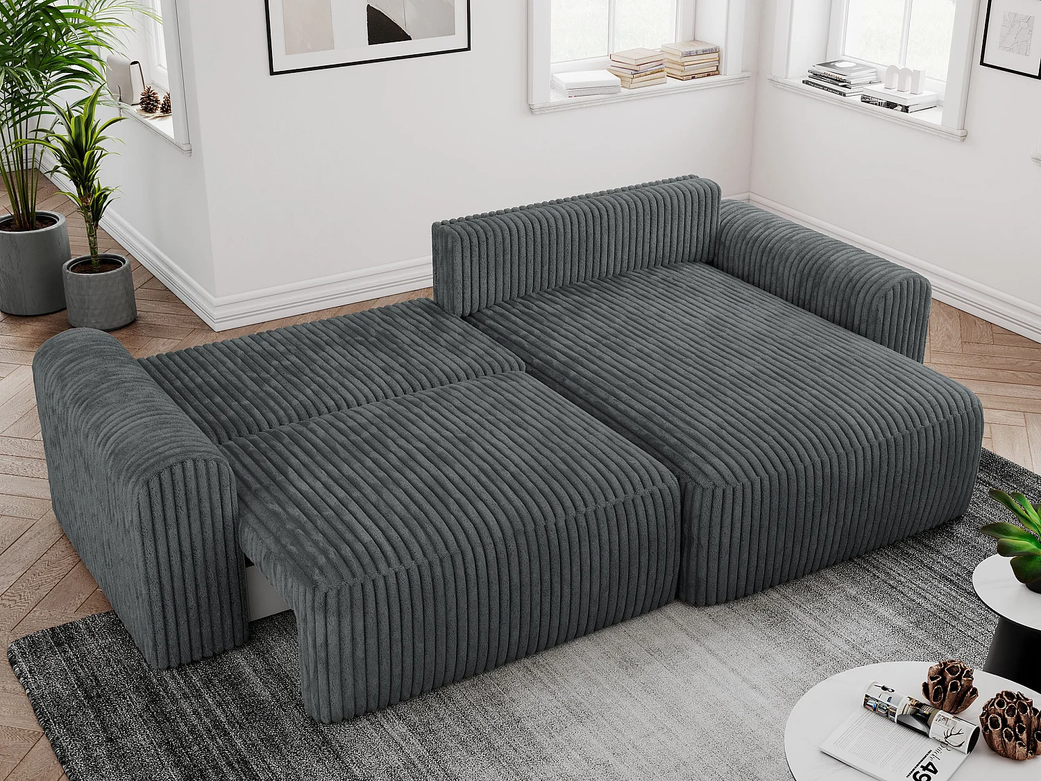 Ecksofa NELSON - Schlafcouch mit Armlehnen und Bettkasten, universelles L-förmige Ecksofa - Dunkelgrau Cord