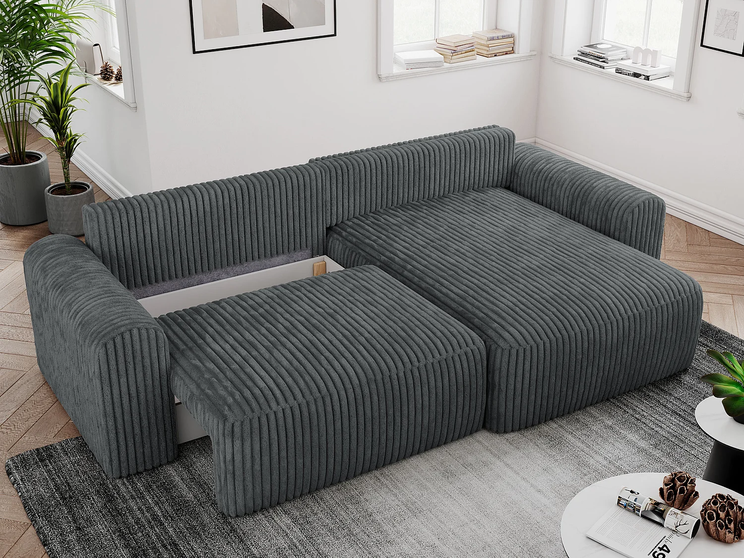 Ecksofa NELSON - Schlafcouch mit Armlehnen und Bettkasten, universelles L-förmige Ecksofa - Dunkelgrau Cord