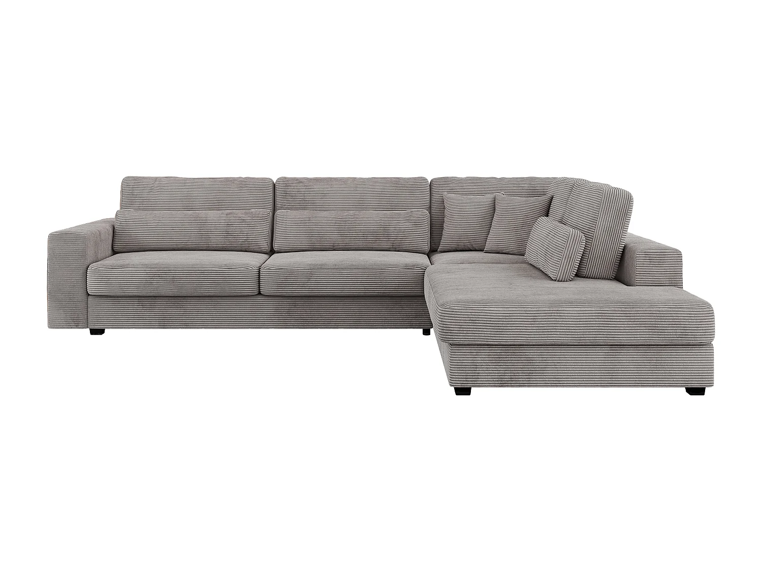 Ecksofa SAVONA - mit Armlehnen, lose Kissen, große L-förmige Ecke, Wohnlandschaft - Grau Cord - Ecke Rechts