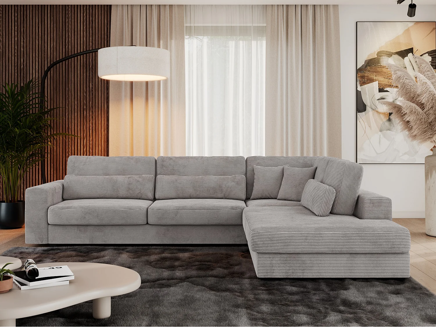 Ecksofa SAVONA - mit Armlehnen, lose Kissen, große L-förmige Ecke, Wohnlandschaft - Grau Cord - Ecke Rechts