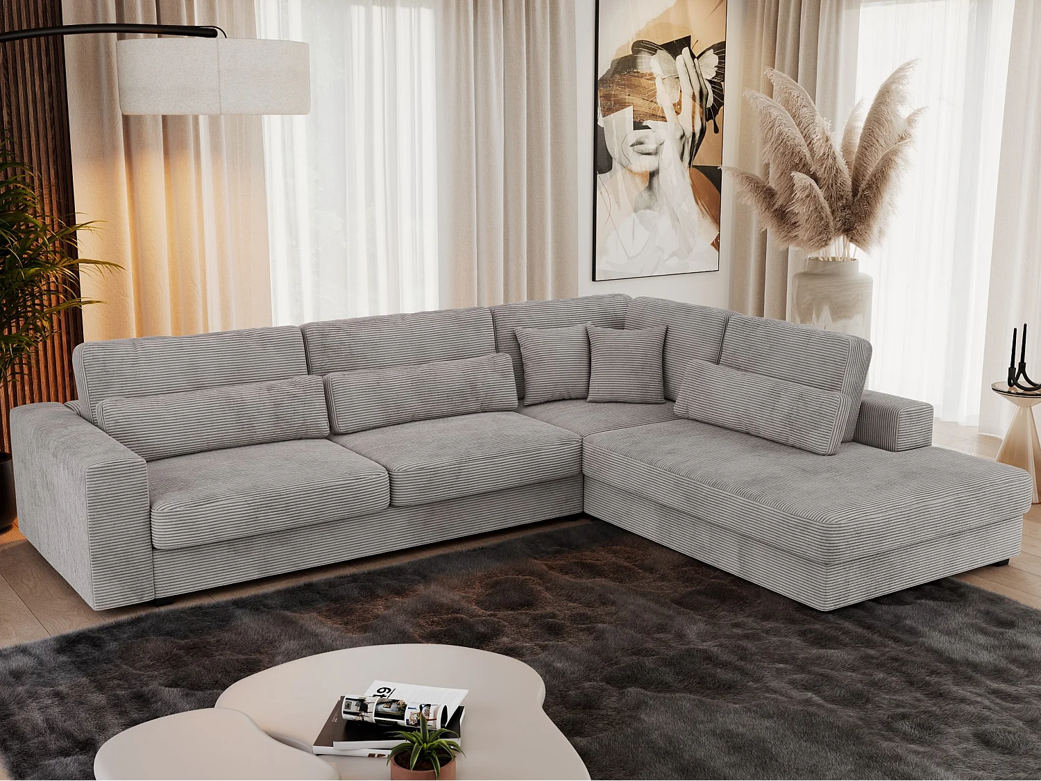 Ecksofa SAVONA - mit Armlehnen, lose Kissen, große L-förmige Ecke, Wohnlandschaft - Grau Cord - Ecke Rechts