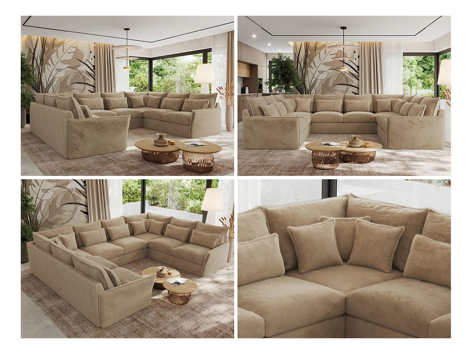 Ecksofa VERSO U8M - modulare U-förmige Ecke mit Armlehnen, Wohnlandschaft, Ecksofa XXL, lose Kissen - Beige Plüsch