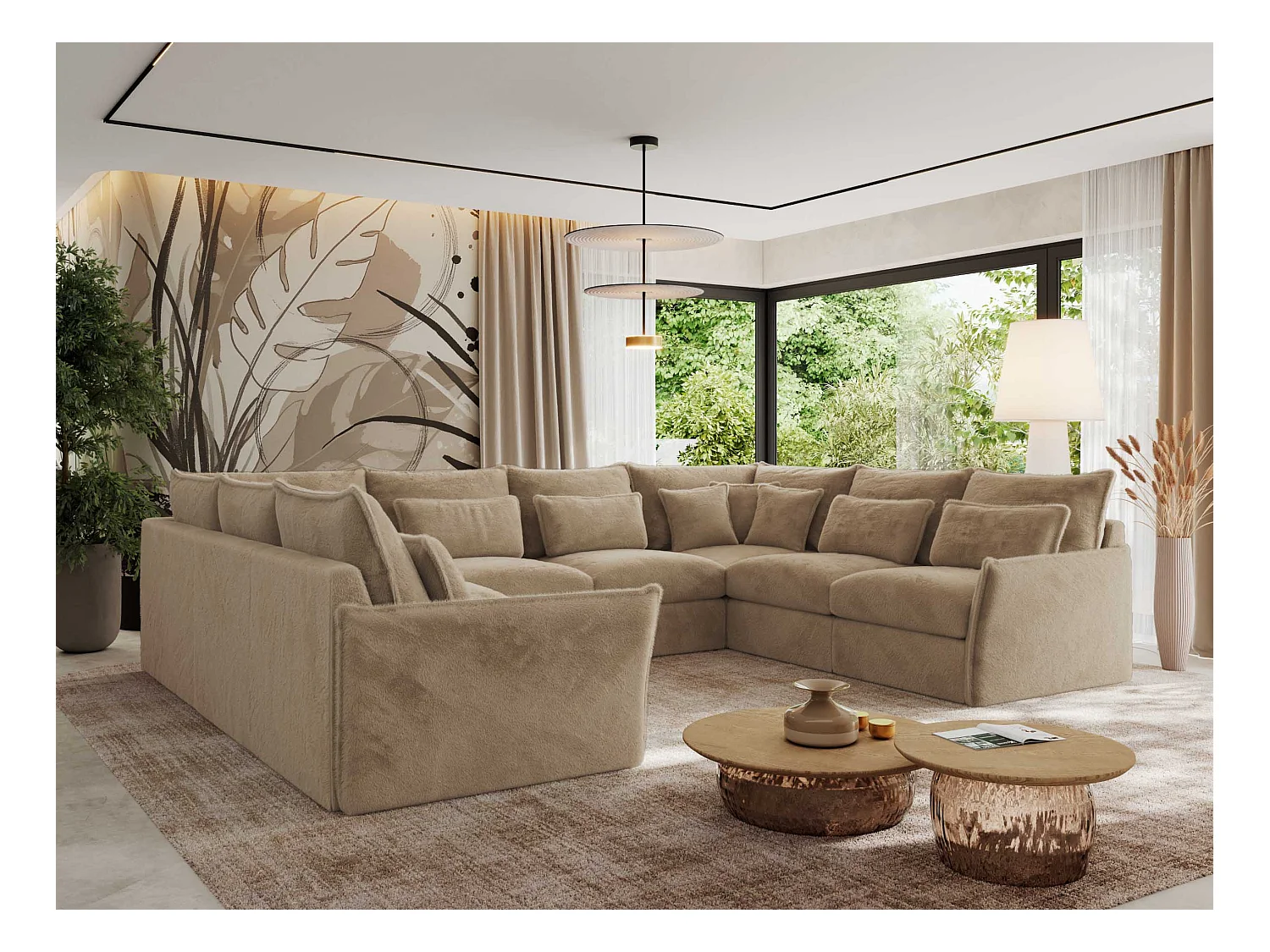 Ecksofa VERSO U8M - modulare U-förmige Ecke mit Armlehnen, Wohnlandschaft, Ecksofa XXL, lose Kissen - Beige Plüsch