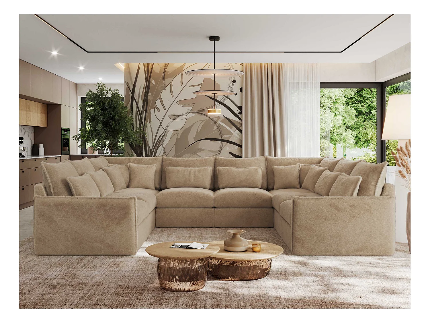 Ecksofa VERSO U8M - modulare U-förmige Ecke mit Armlehnen, Wohnlandschaft, Ecksofa XXL, lose Kissen - Beige Plüsch