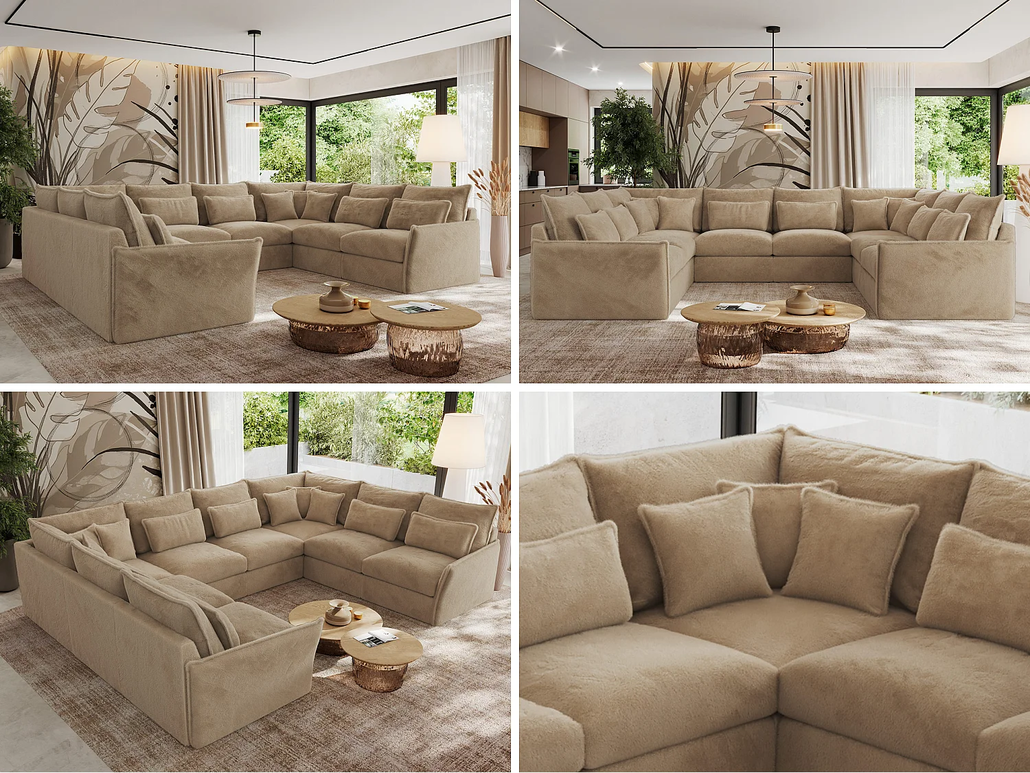 Ecksofa VERSO U8M - modulare U-förmige Ecke mit Armlehnen, Wohnlandschaft, Ecksofa XXL, lose Kissen - Beige Plüsch