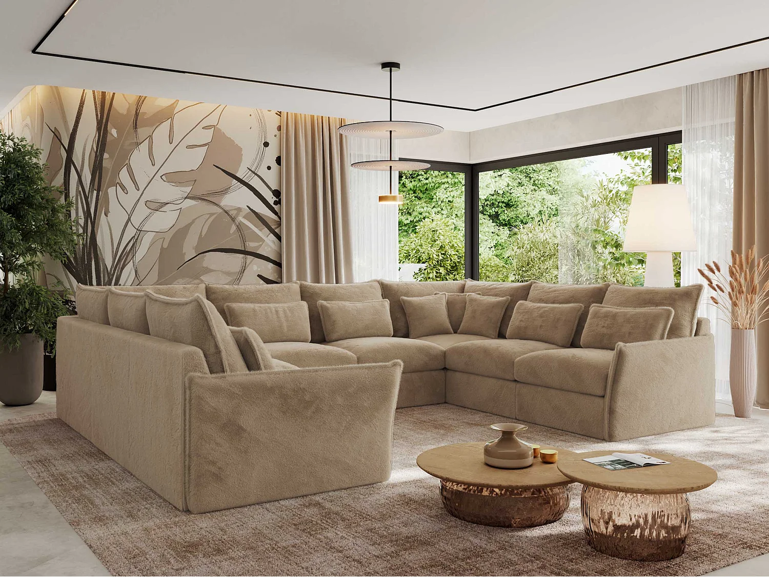 Ecksofa VERSO U8M - modulare U-förmige Ecke mit Armlehnen, Wohnlandschaft, Ecksofa XXL, lose Kissen - Beige Plüsch