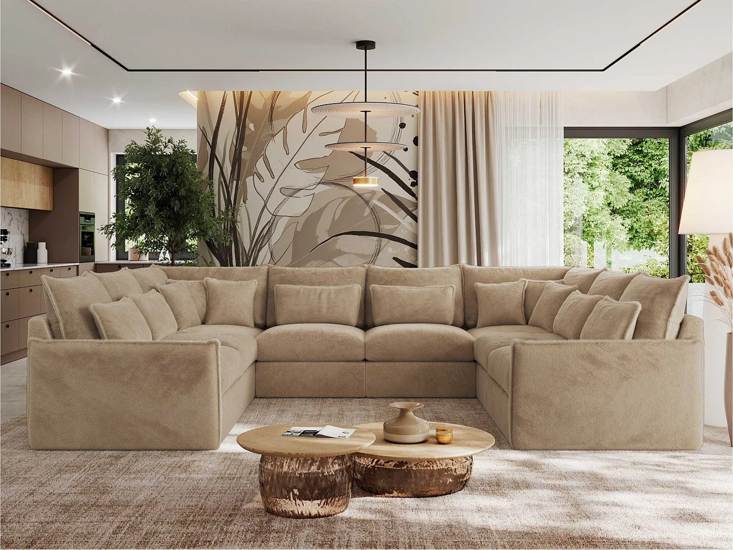 Ecksofa VERSO U8M - modulare U-förmige Ecke mit Armlehnen, Wohnlandschaft, Ecksofa XXL, lose Kissen - Beige Plüsch