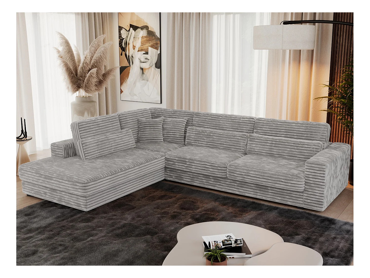 Ecksofa SAVONA - mit Armlehnen, lose Kissen, große L-förmige Ecke, Wohnlandschaft - Hellgrau Cord - Ecke Links