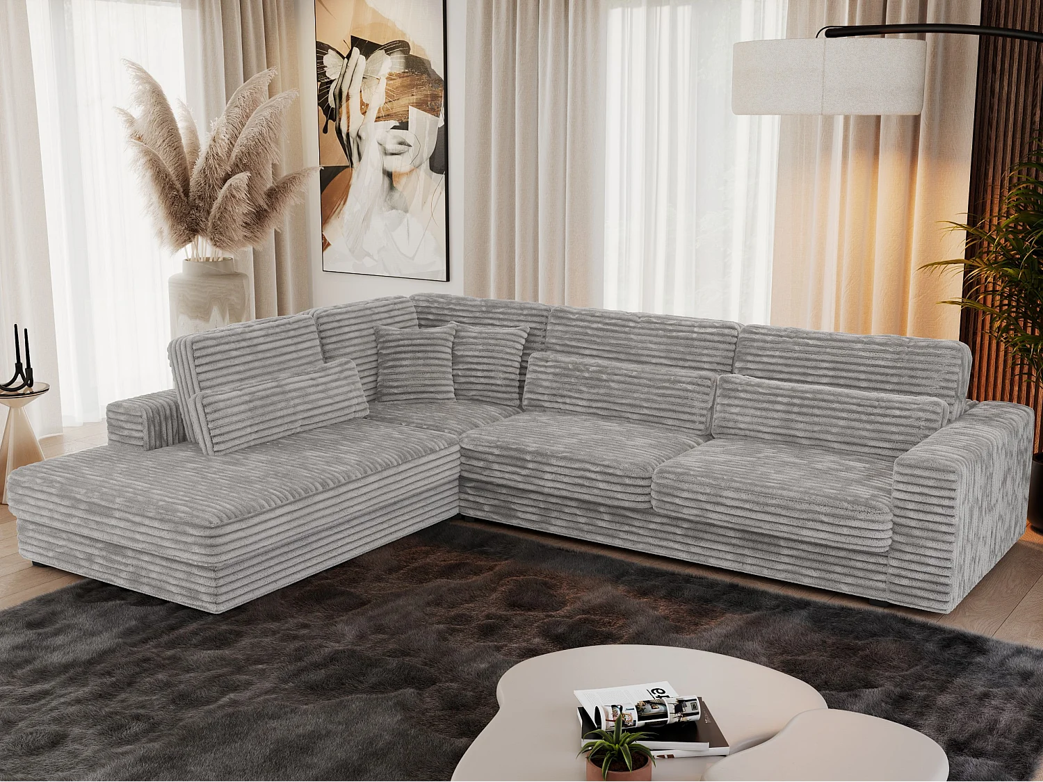 Ecksofa SAVONA - mit Armlehnen, lose Kissen, große L-förmige Ecke, Wohnlandschaft - Hellgrau Cord - Ecke Links