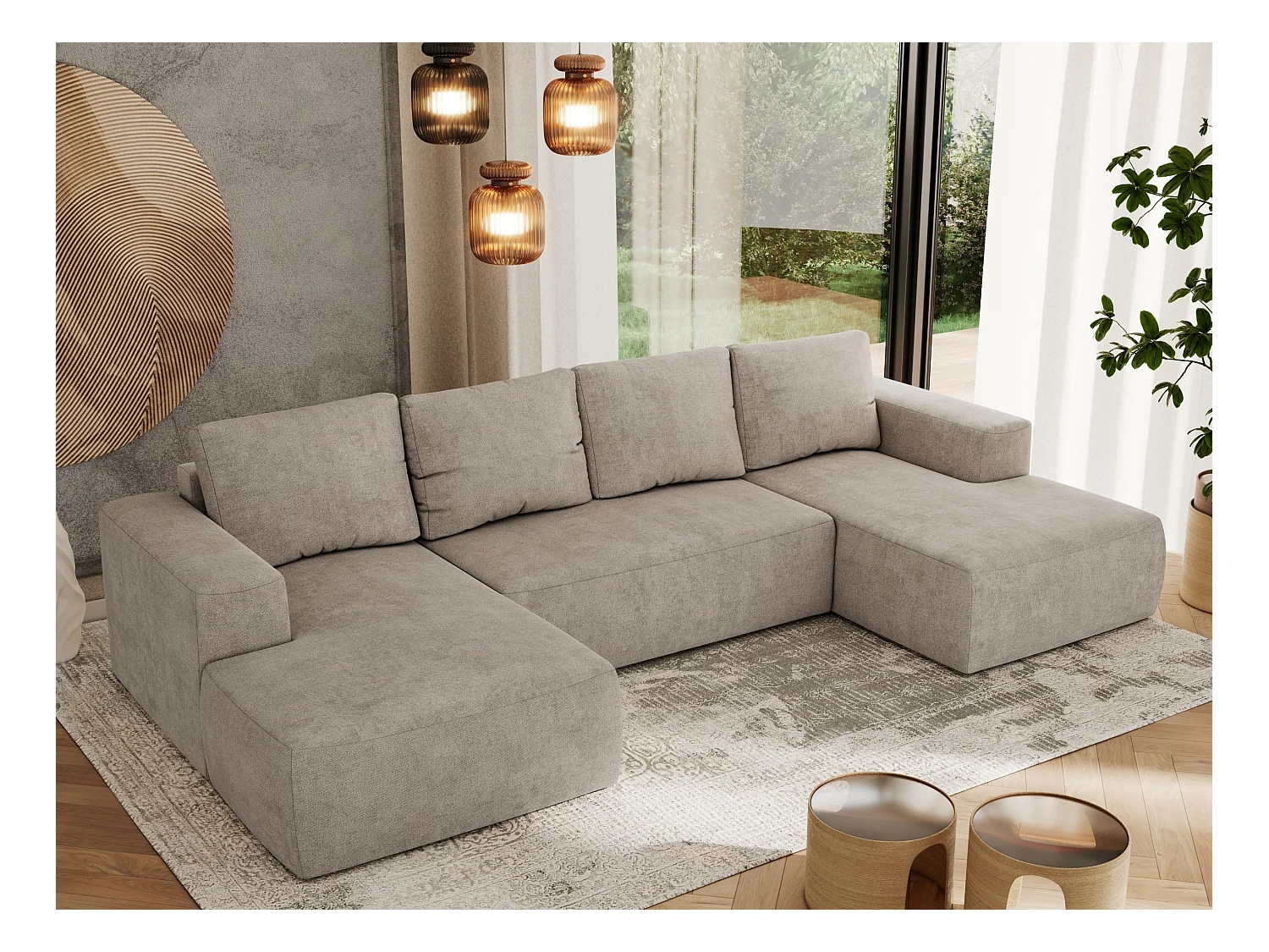 Ecksofa TRENTINO U - mit Schlaffunktion und Bettkasten, U-förmiges Wohnlandschaft, Armlehnen - Beige Strukture