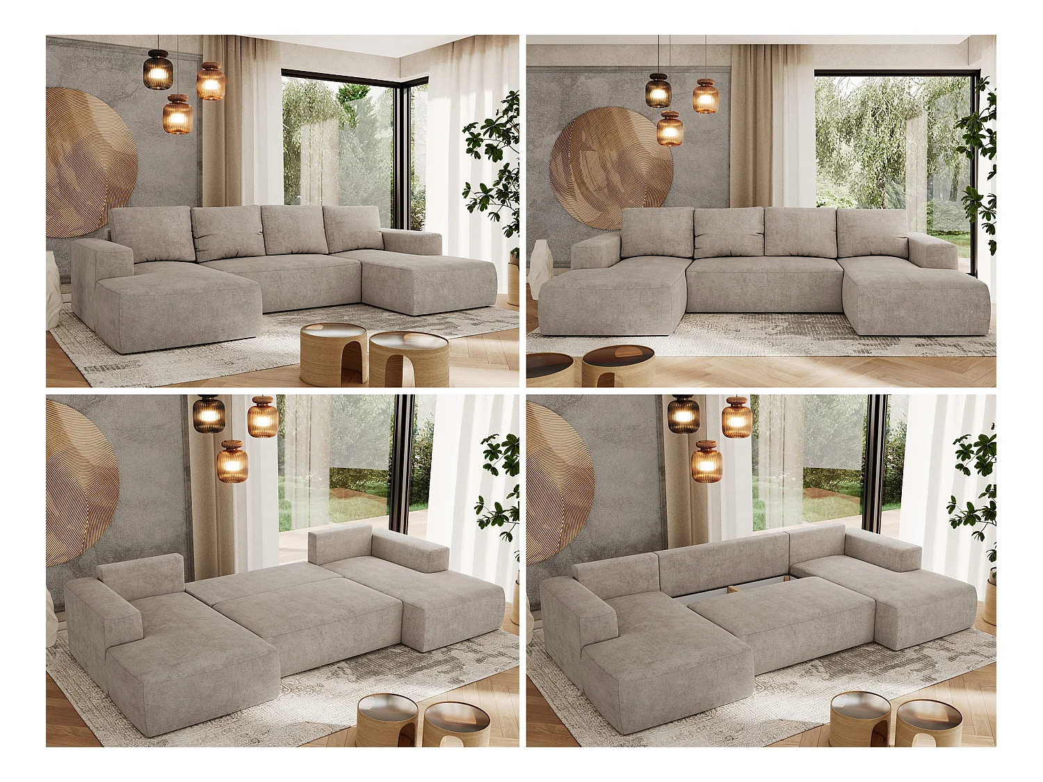 Ecksofa TRENTINO U - mit Schlaffunktion und Bettkasten, U-förmiges Wohnlandschaft, Armlehnen - Beige Strukture