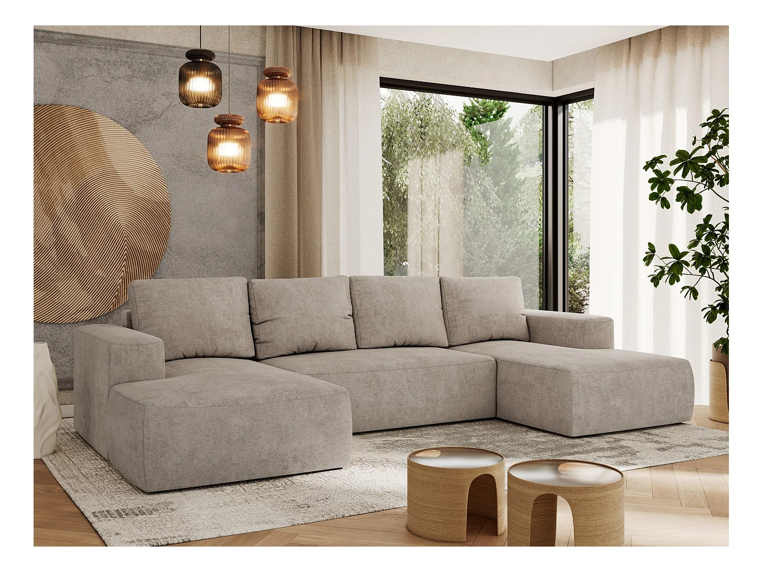 Ecksofa TRENTINO U - mit Schlaffunktion und Bettkasten, U-förmiges Wohnlandschaft, Armlehnen - Beige Strukture