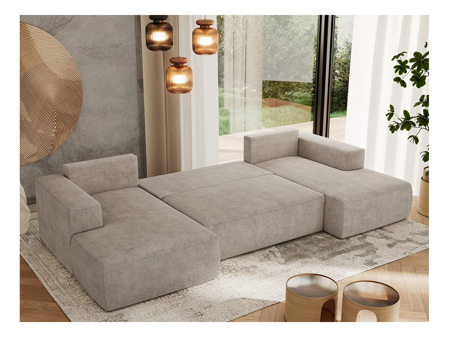 Ecksofa TRENTINO U - mit Schlaffunktion und Bettkasten, U-förmiges Wohnlandschaft, Armlehnen - Beige Strukture
