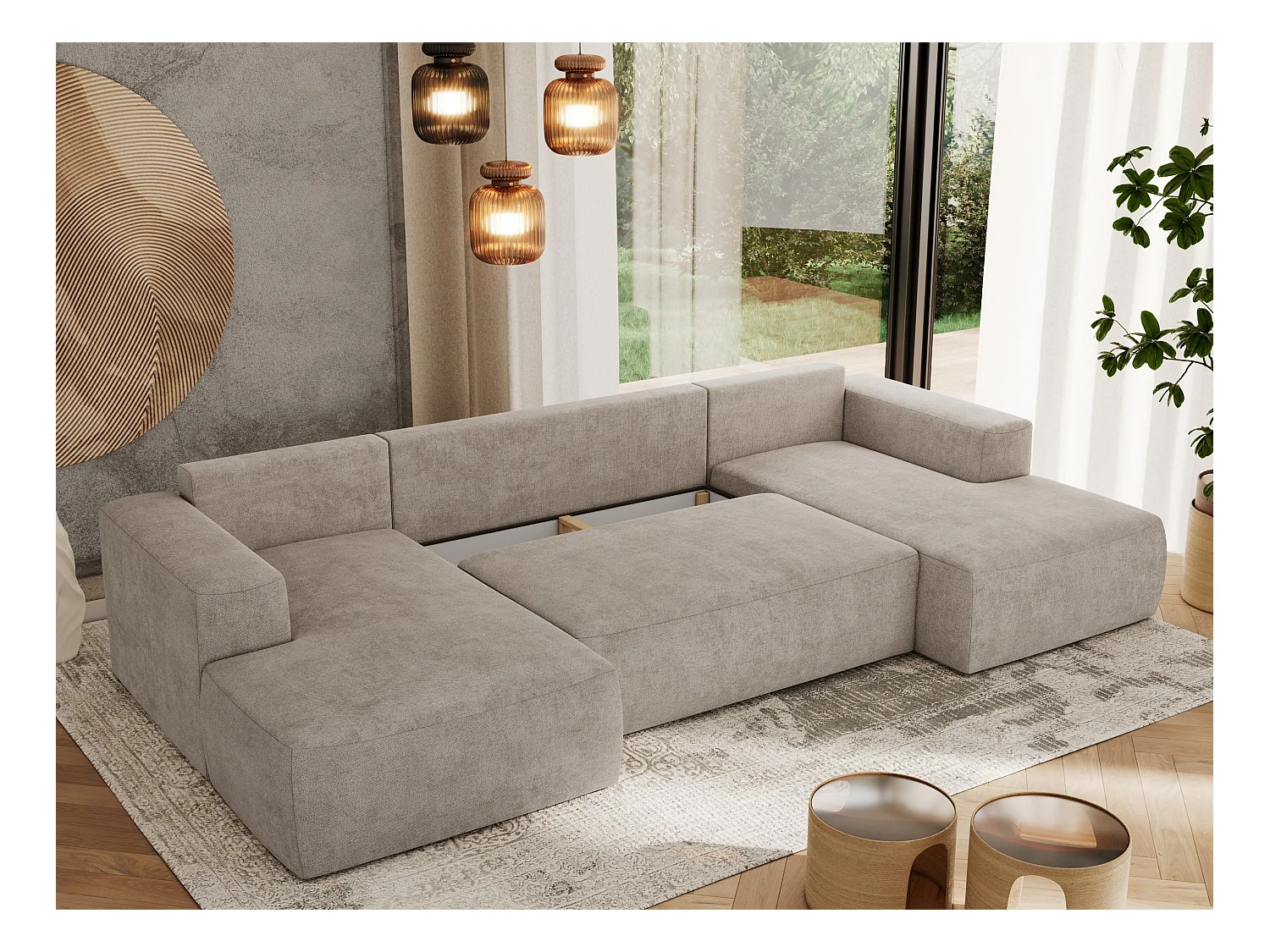 Ecksofa TRENTINO U - mit Schlaffunktion und Bettkasten, U-förmiges Wohnlandschaft, Armlehnen - Beige Strukture