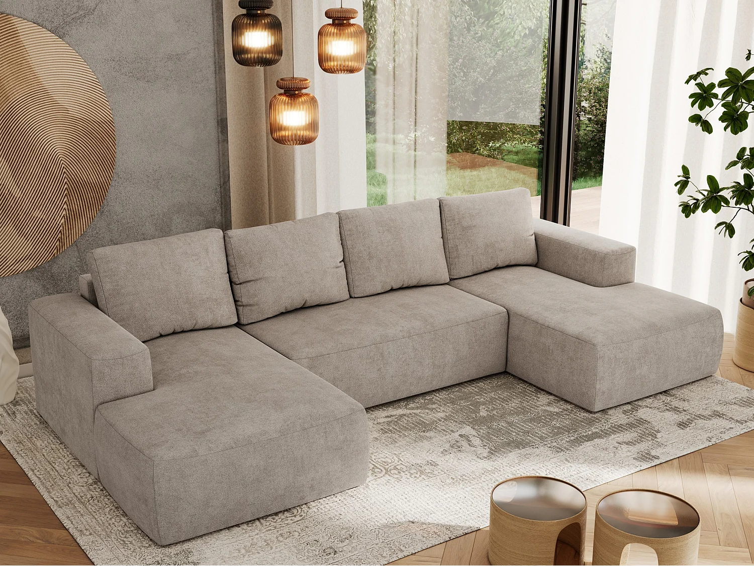 Ecksofa TRENTINO U - mit Schlaffunktion und Bettkasten, U-förmiges Wohnlandschaft, Armlehnen - Beige Strukture