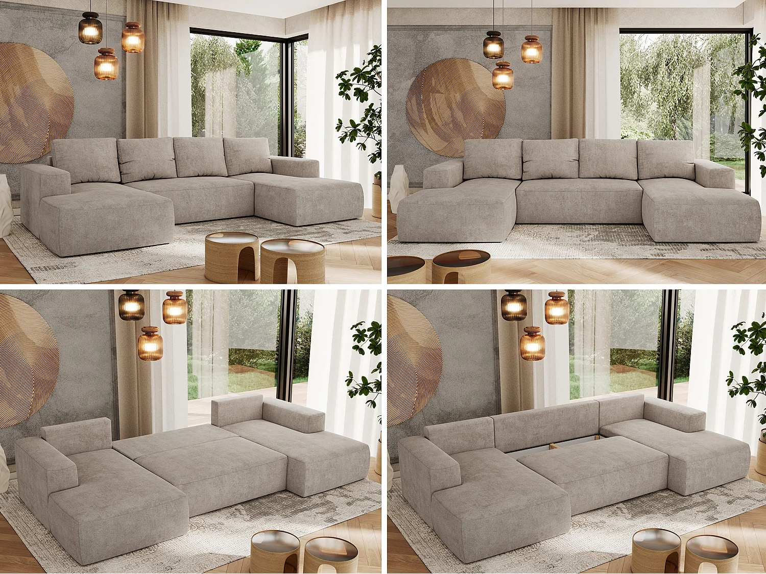 Ecksofa TRENTINO U - mit Schlaffunktion und Bettkasten, U-förmiges Wohnlandschaft, Armlehnen - Beige Strukture