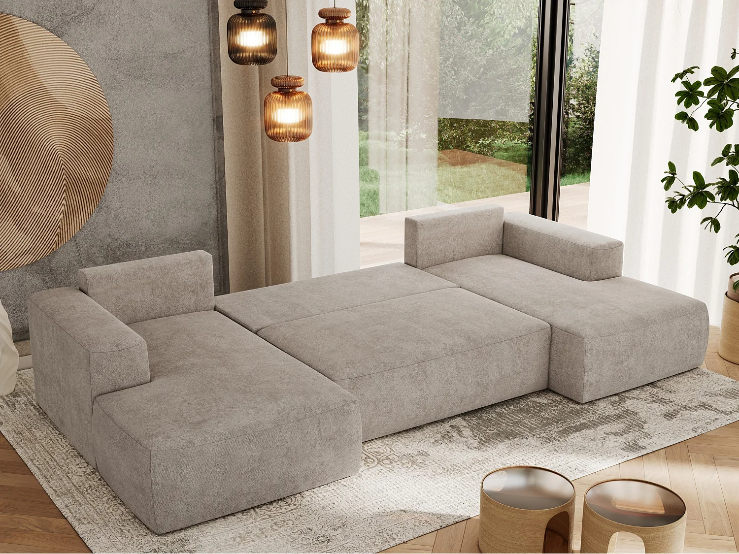 Ecksofa TRENTINO U - mit Schlaffunktion und Bettkasten, U-förmiges Wohnlandschaft, Armlehnen - Beige Strukture