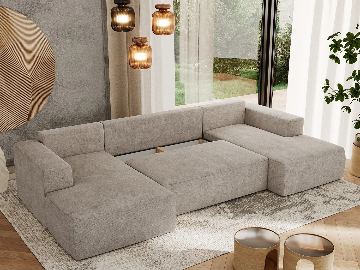 Ecksofa TRENTINO U - mit Schlaffunktion und Bettkasten, U-förmiges Wohnlandschaft, Armlehnen - Beige Strukture
