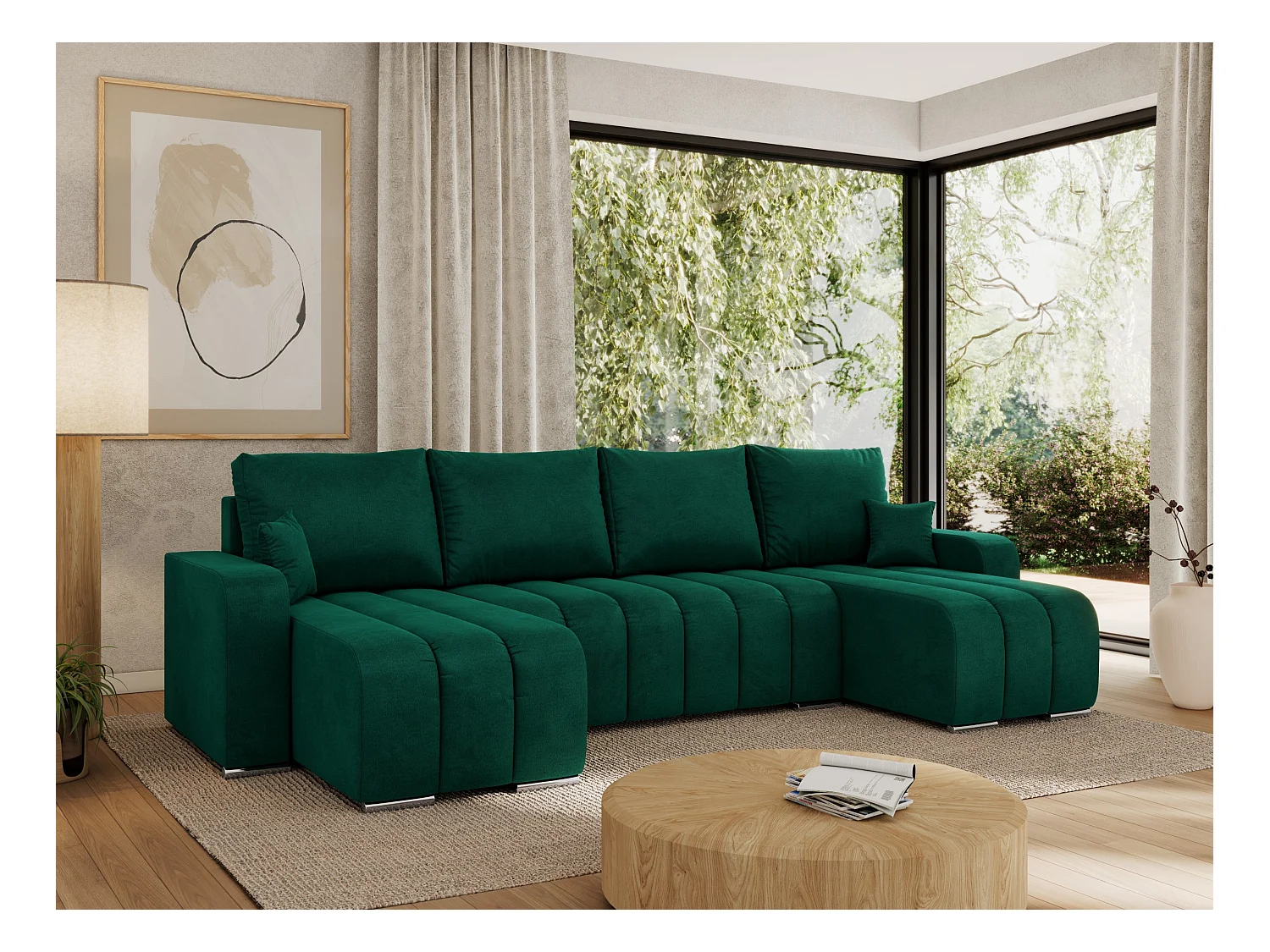 Ecksofa KIRASSO U - Wohnlandschaft, Schlaffunktion und Bettkasten, Couch U-form, lose Kissen - Dunkelgrün Velvet