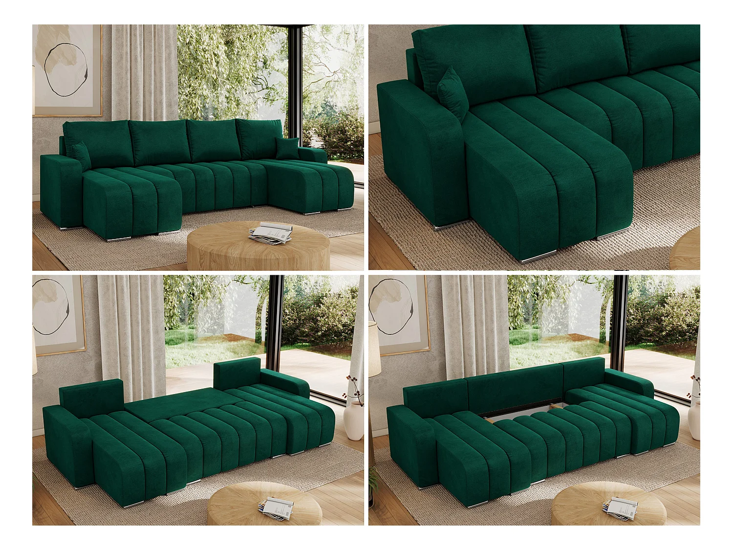 Ecksofa KIRASSO U - Wohnlandschaft, Schlaffunktion und Bettkasten, Couch U-form, lose Kissen - Dunkelgrün Velvet