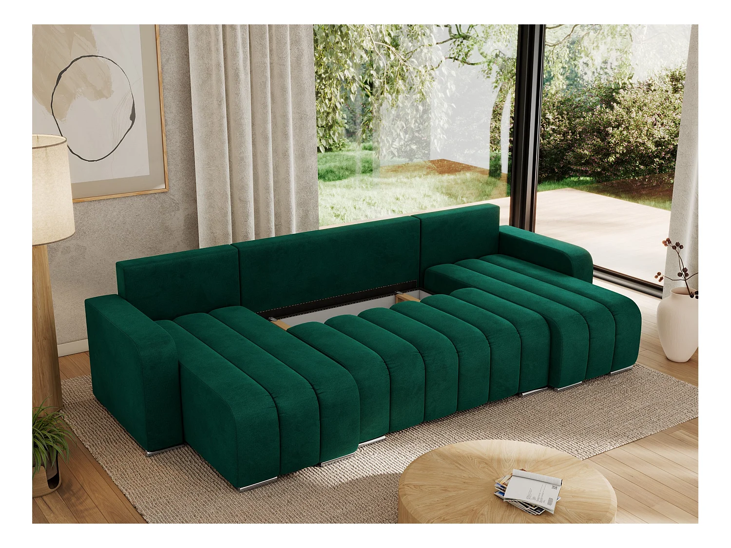 Ecksofa KIRASSO U - Wohnlandschaft, Schlaffunktion und Bettkasten, Couch U-form, lose Kissen - Dunkelgrün Velvet