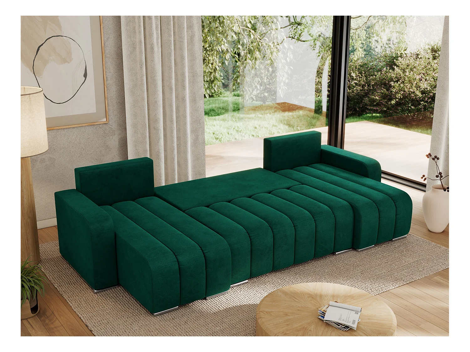 Ecksofa KIRASSO U - Wohnlandschaft, Schlaffunktion und Bettkasten, Couch U-form, lose Kissen - Dunkelgrün Velvet