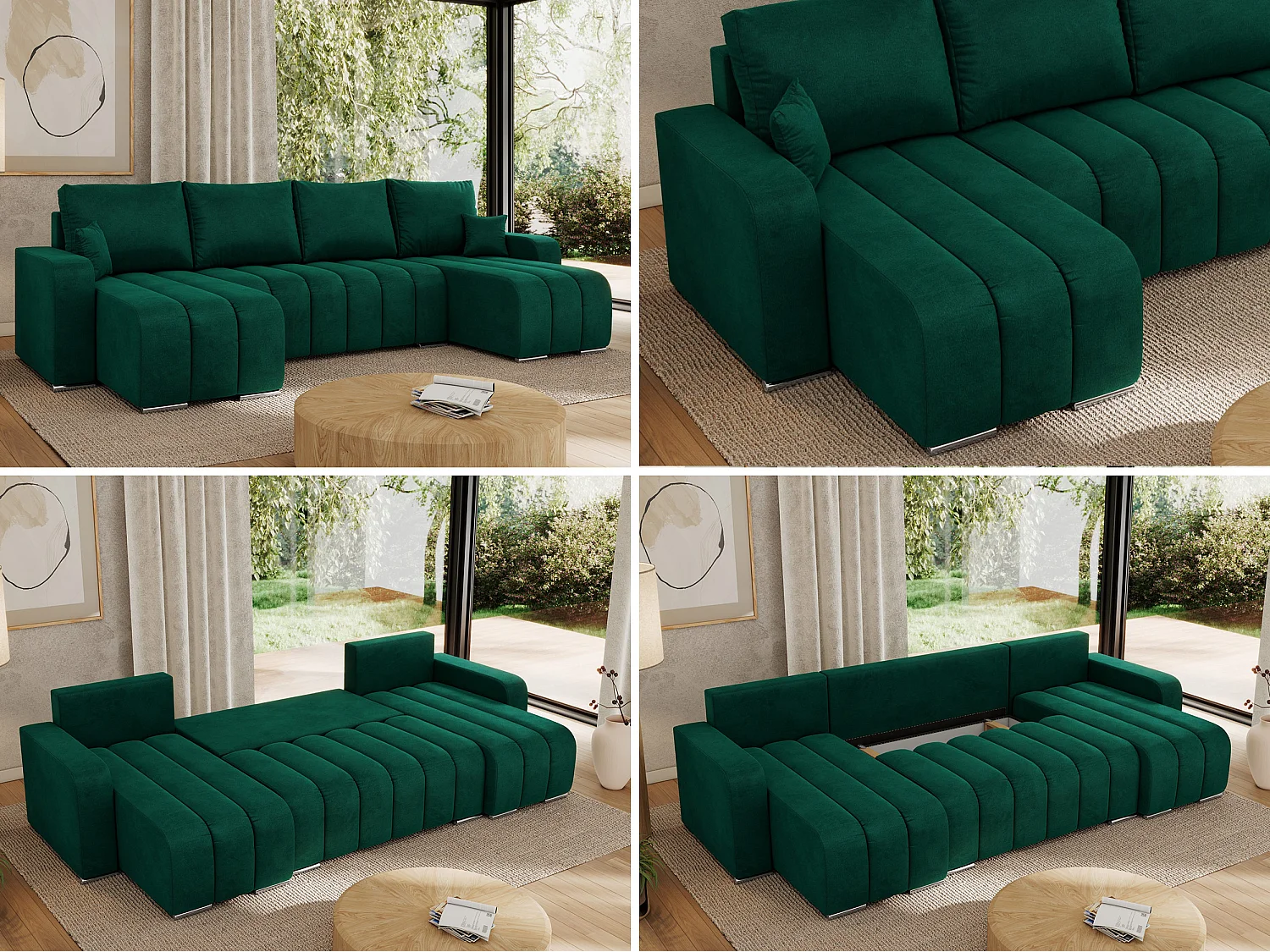 Ecksofa KIRASSO U - Wohnlandschaft, Schlaffunktion und Bettkasten, Couch U-form, lose Kissen - Dunkelgrün Velvet