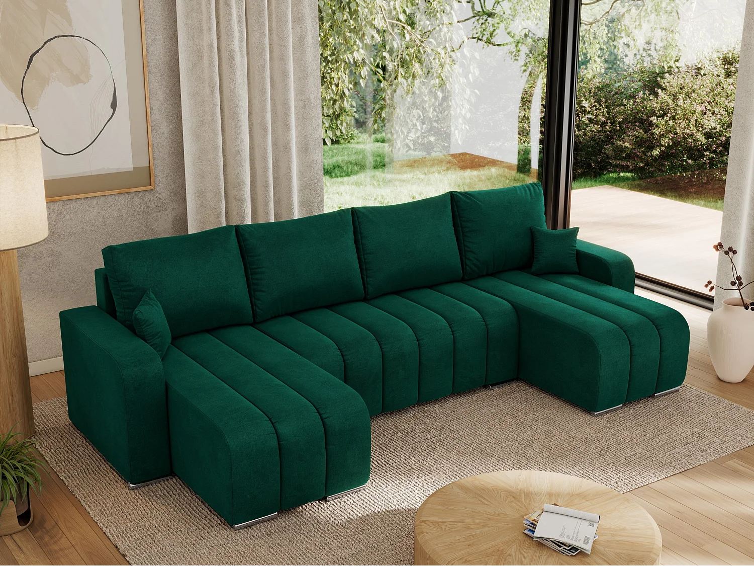 Ecksofa KIRASSO U - Wohnlandschaft, Schlaffunktion und Bettkasten, Couch U-form, lose Kissen - Dunkelgrün Velvet