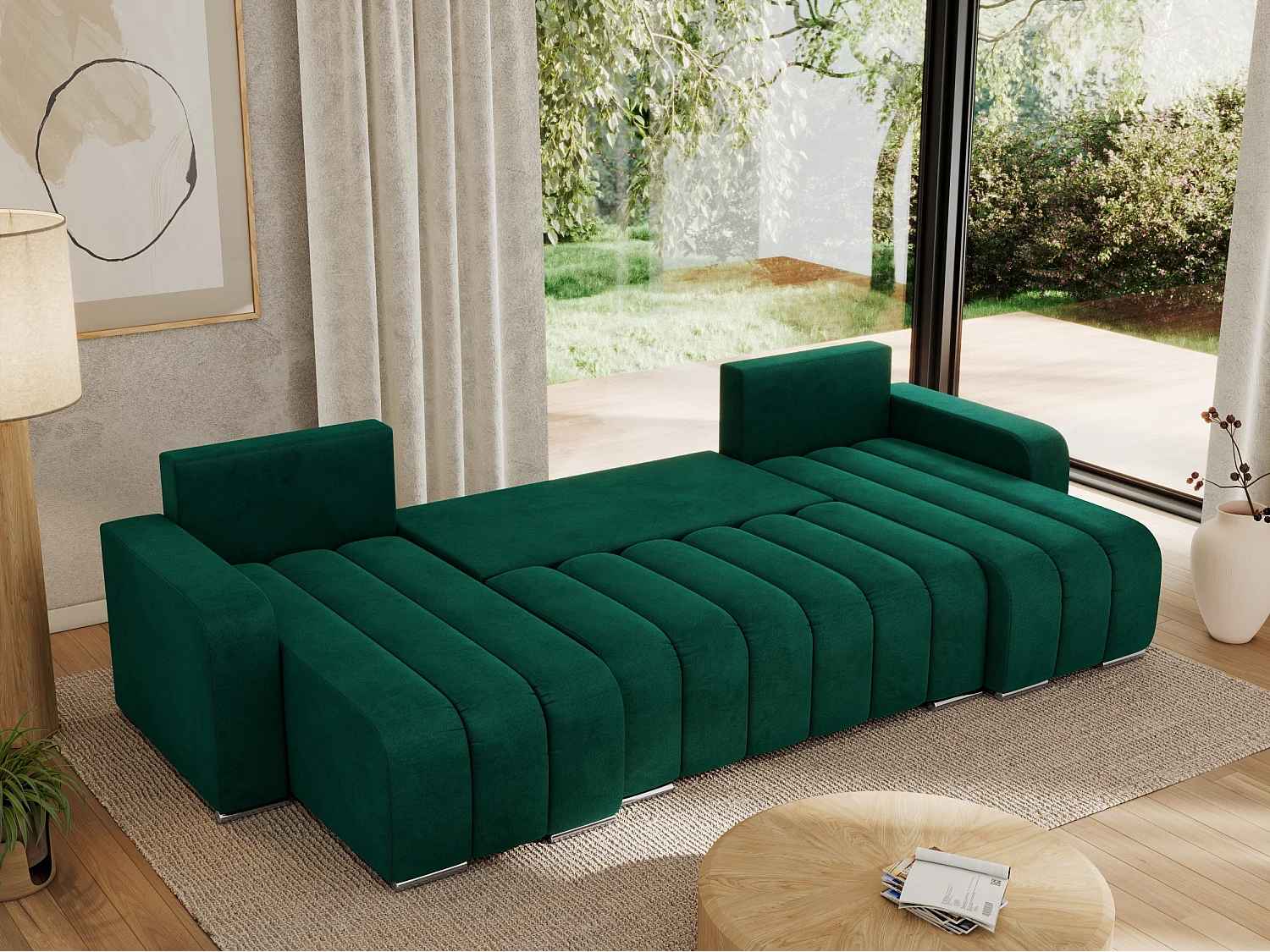 Ecksofa KIRASSO U - Wohnlandschaft, Schlaffunktion und Bettkasten, Couch U-form, lose Kissen - Dunkelgrün Velvet