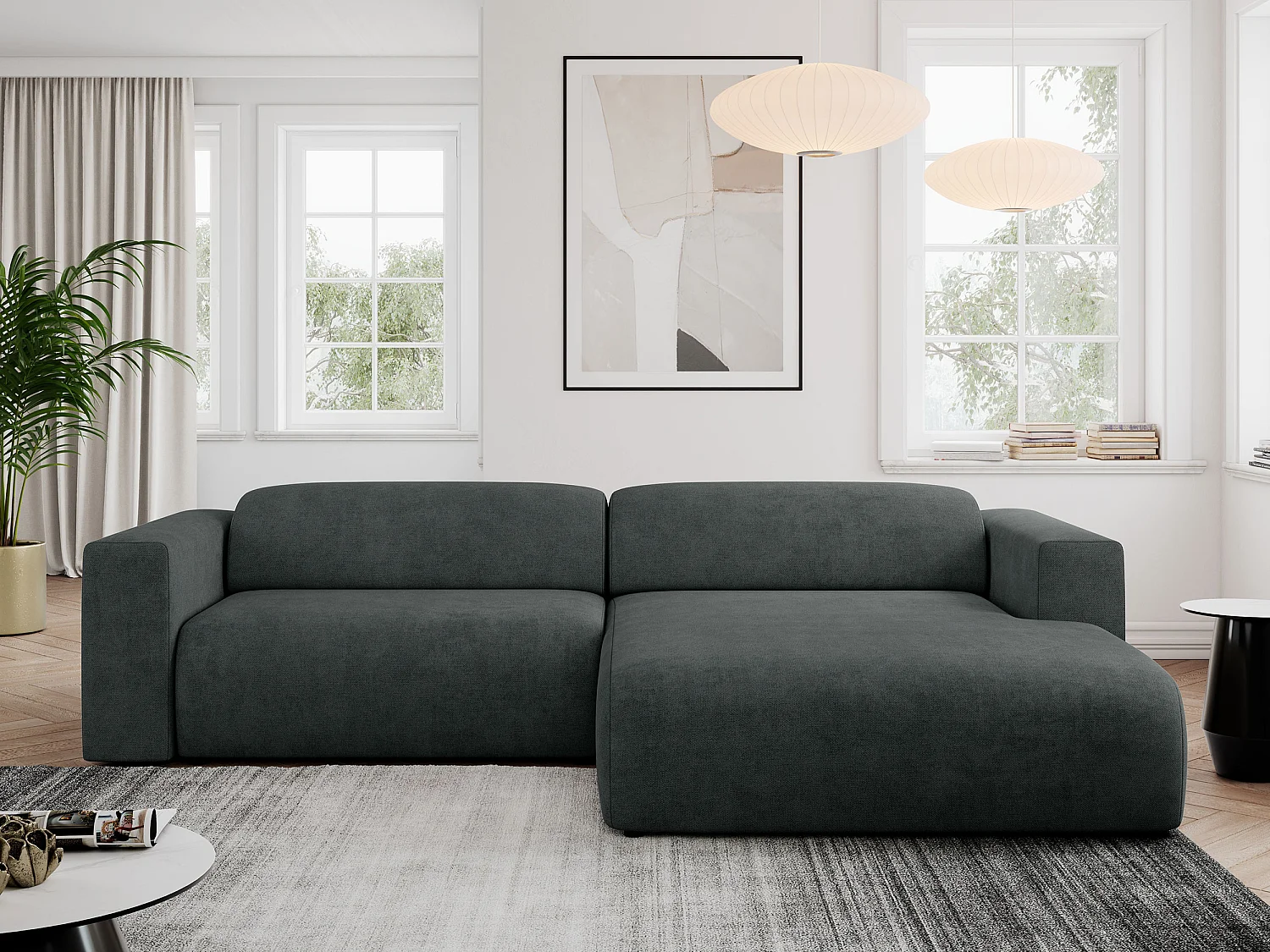 Ecksofa PASADENA - mit Armlehnen, Wohnlandschaft, freistehendes Sofa, große Ecke - Dunkelgrau Stukture - Ecke Rechts