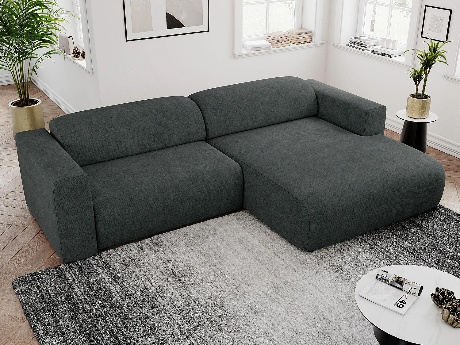 Ecksofa PASADENA - mit Armlehnen, Wohnlandschaft, freistehendes Sofa, große Ecke - Dunkelgrau Stukture - Ecke Rechts