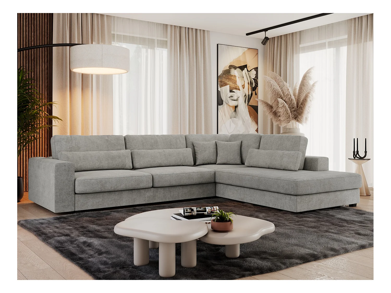 Ecksofa SAVONA - mit Armlehnen, lose Kissen, große L-förmige Ecke, Wohnlandschaft - Hellgrau Strukture - Ecke Rechts