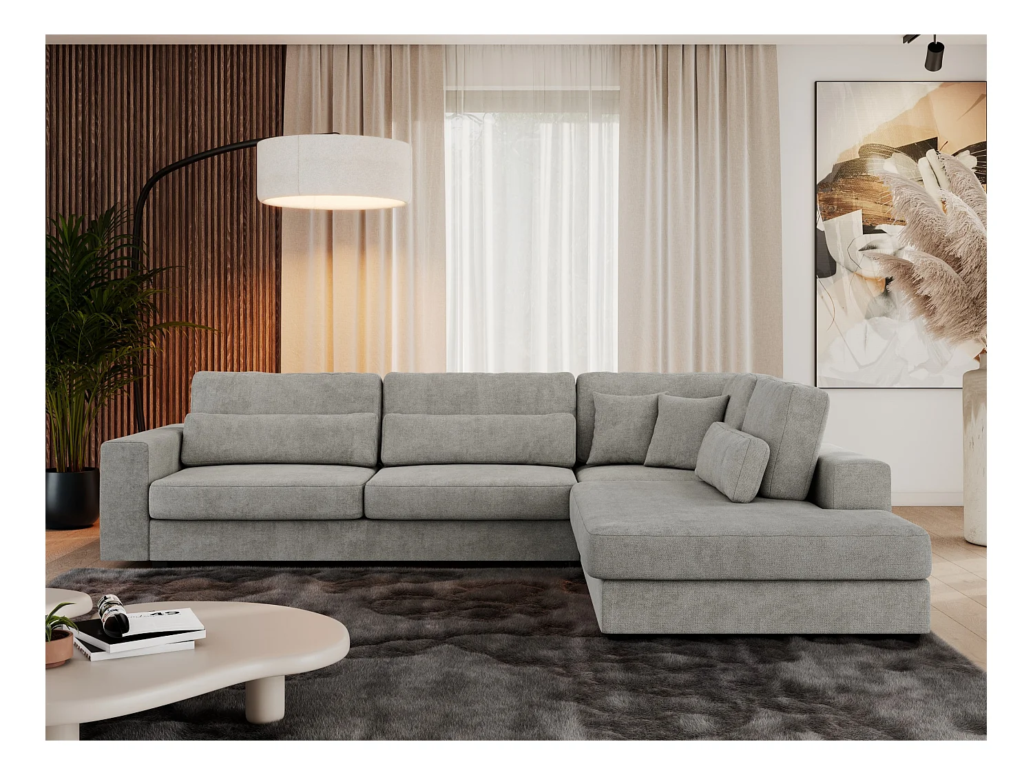 Ecksofa SAVONA - mit Armlehnen, lose Kissen, große L-förmige Ecke, Wohnlandschaft - Hellgrau Strukture - Ecke Rechts