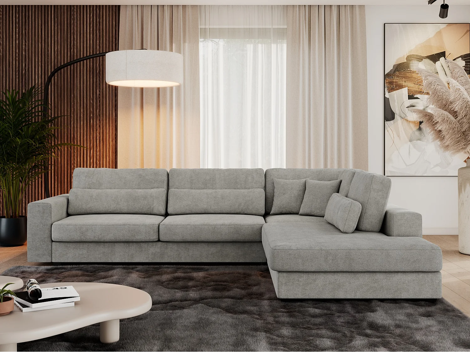 Ecksofa SAVONA - mit Armlehnen, lose Kissen, große L-förmige Ecke, Wohnlandschaft - Hellgrau Strukture - Ecke Rechts