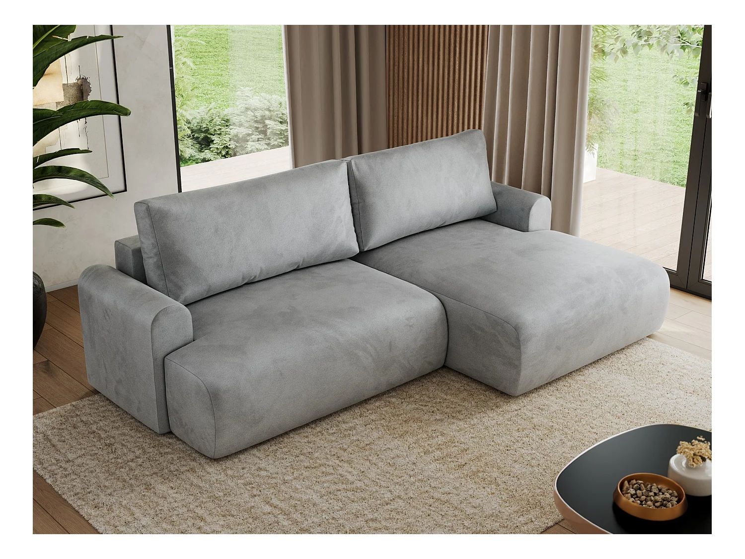 Ecksofa TONO - mit Schlaffunktion und Bettkasten, L-form Ecke, Armlehnen - Hellgrau Velvet - Ecke Rechts