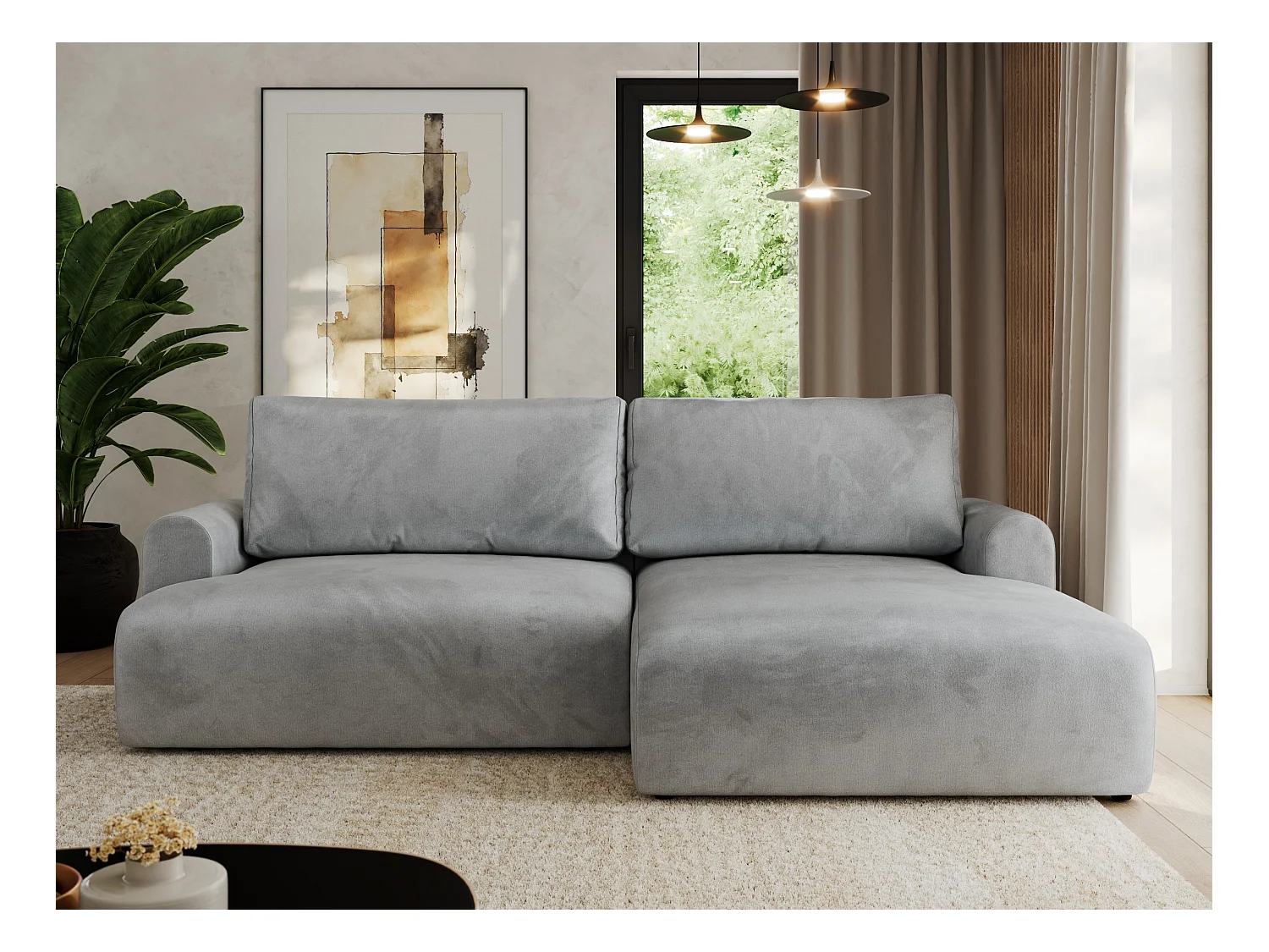 Ecksofa TONO - mit Schlaffunktion und Bettkasten, L-form Ecke, Armlehnen - Hellgrau Velvet - Ecke Rechts