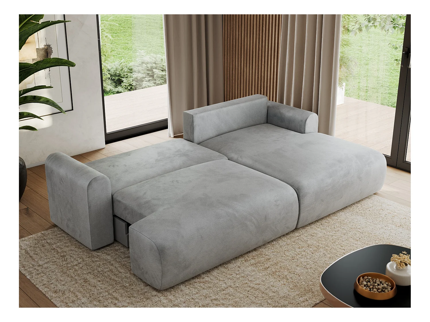 Ecksofa TONO - mit Schlaffunktion und Bettkasten, L-form Ecke, Armlehnen - Hellgrau Velvet - Ecke Rechts