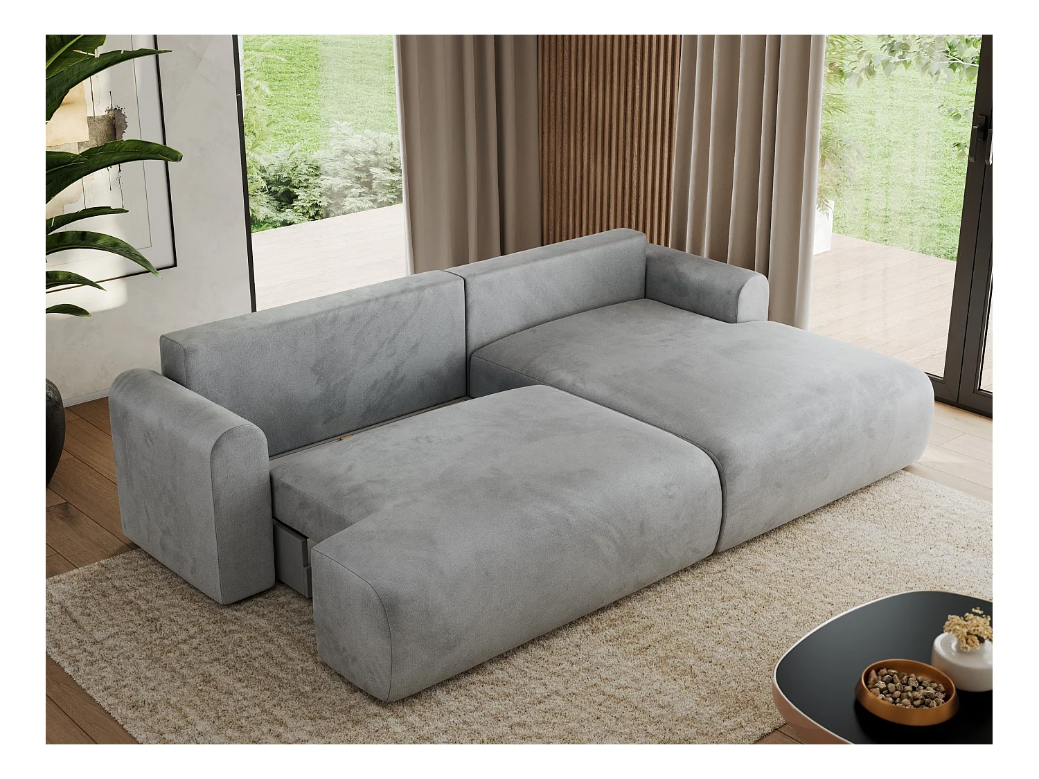 Ecksofa TONO - mit Schlaffunktion und Bettkasten, L-form Ecke, Armlehnen - Hellgrau Velvet - Ecke Rechts