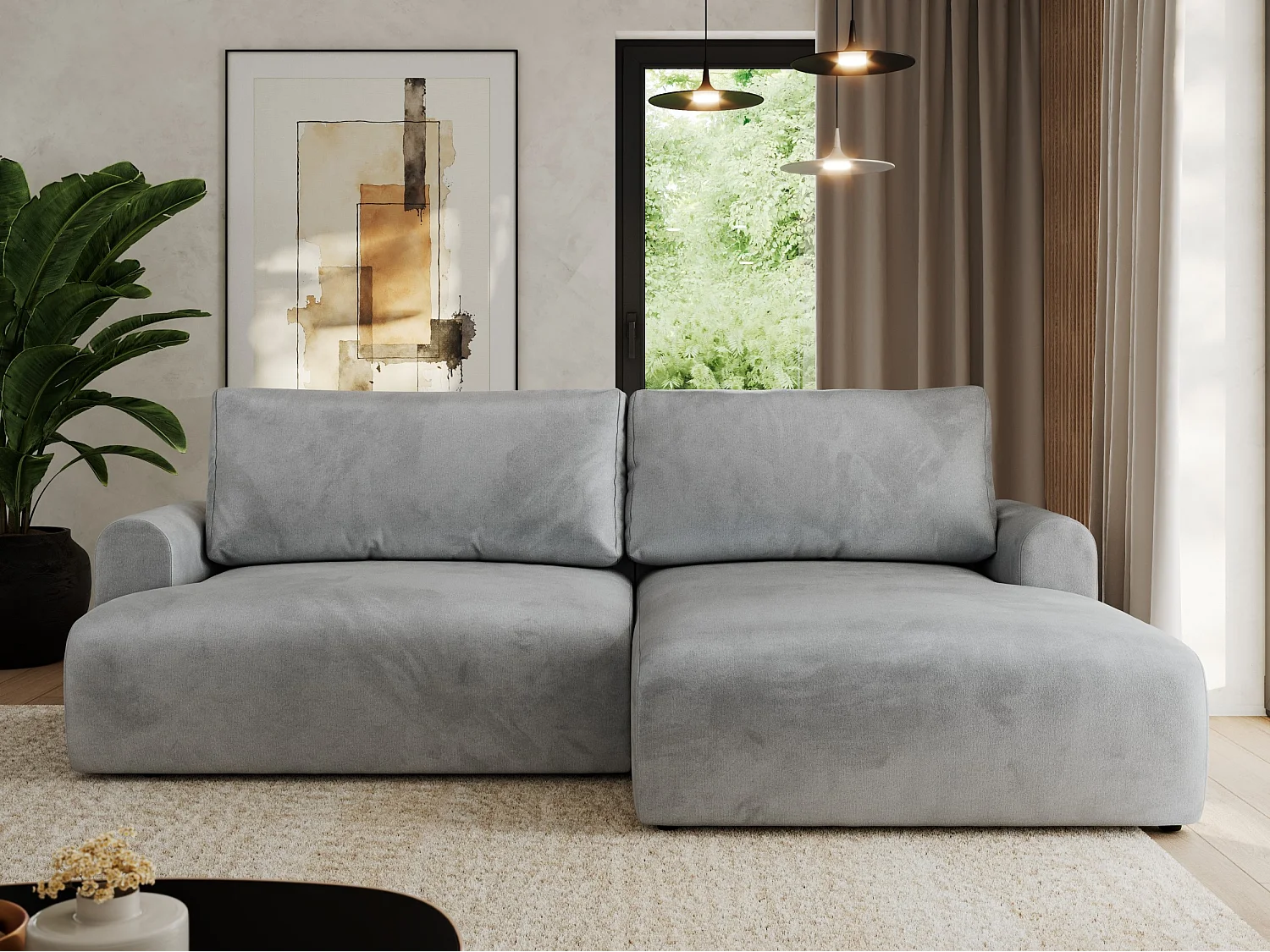 Ecksofa TONO - mit Schlaffunktion und Bettkasten, L-form Ecke, Armlehnen - Hellgrau Velvet - Ecke Rechts