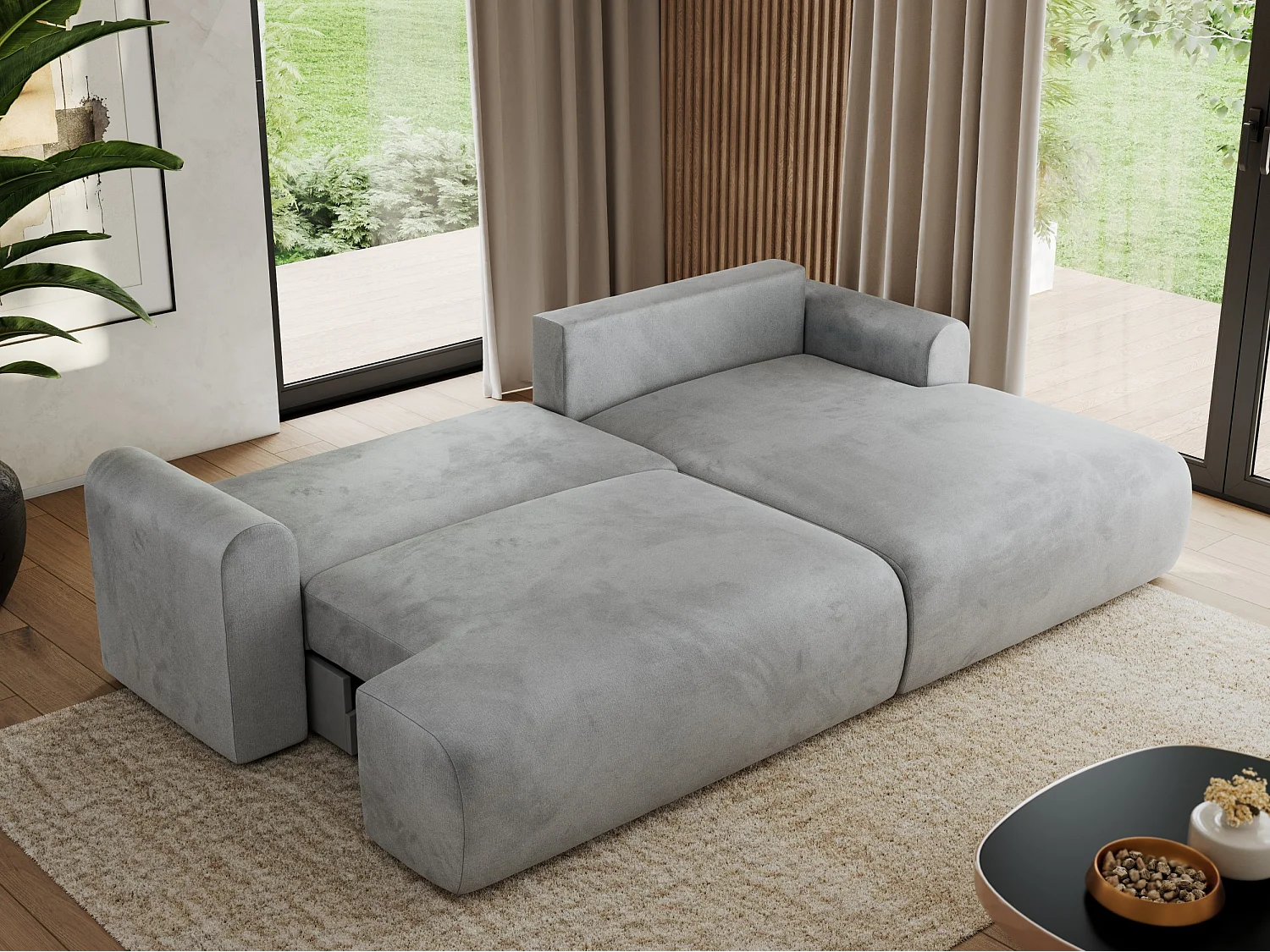 Ecksofa TONO - mit Schlaffunktion und Bettkasten, L-form Ecke, Armlehnen - Hellgrau Velvet - Ecke Rechts