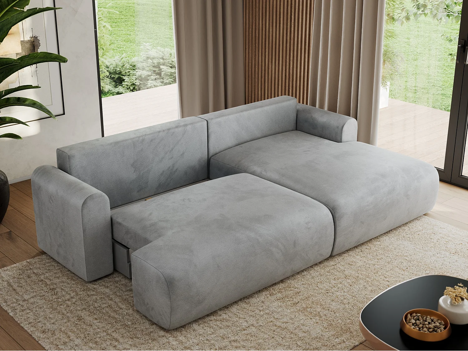 Ecksofa TONO - mit Schlaffunktion und Bettkasten, L-form Ecke, Armlehnen - Hellgrau Velvet - Ecke Rechts