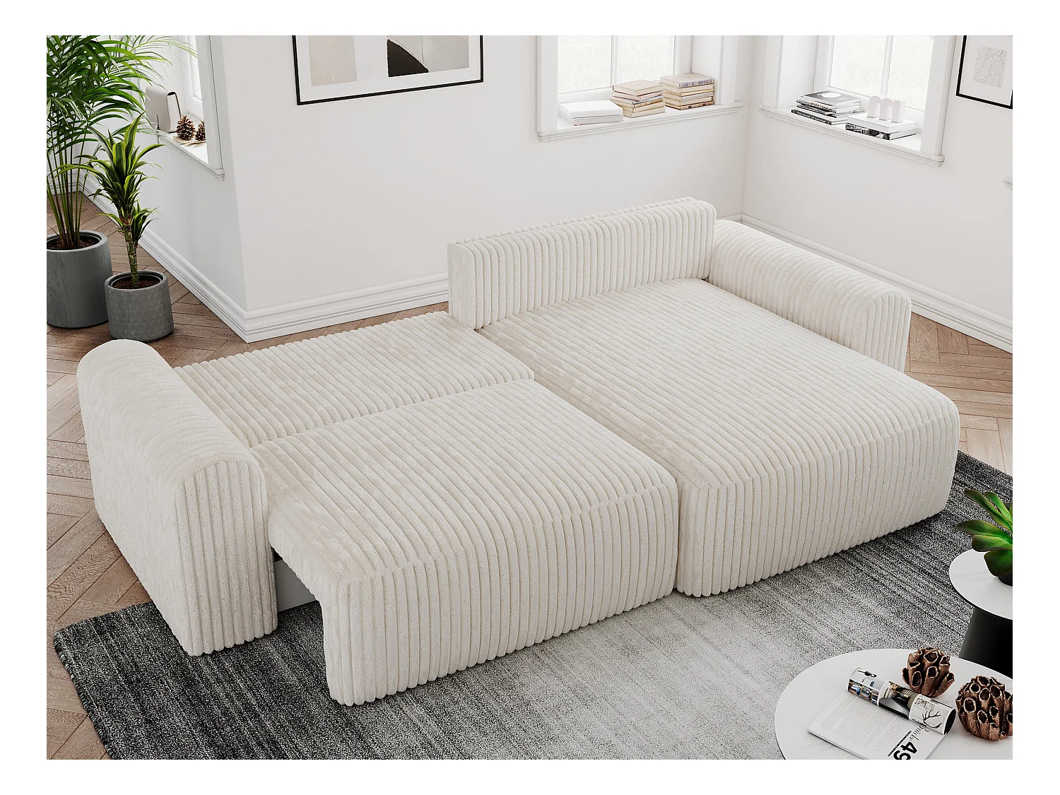Ecksofa NELSON - Schlafcouch mit Armlehnen und Bettkasten, universelles L-förmige Ecksofa - Beige Cord