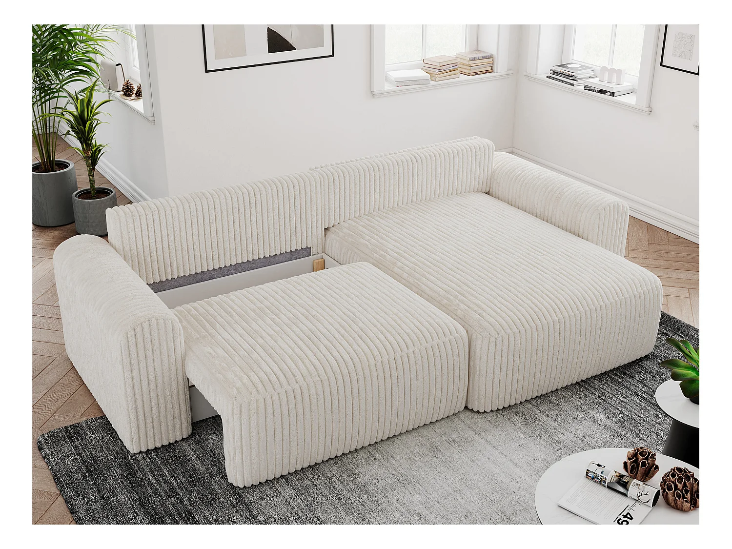 Ecksofa NELSON - Schlafcouch mit Armlehnen und Bettkasten, universelles L-förmige Ecksofa - Beige Cord